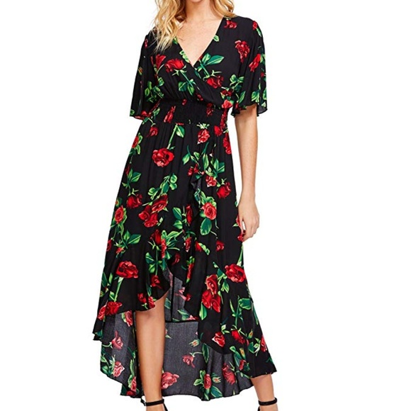 Dresses & Skirts - Womens Navy Blue & Red Roses Dress L